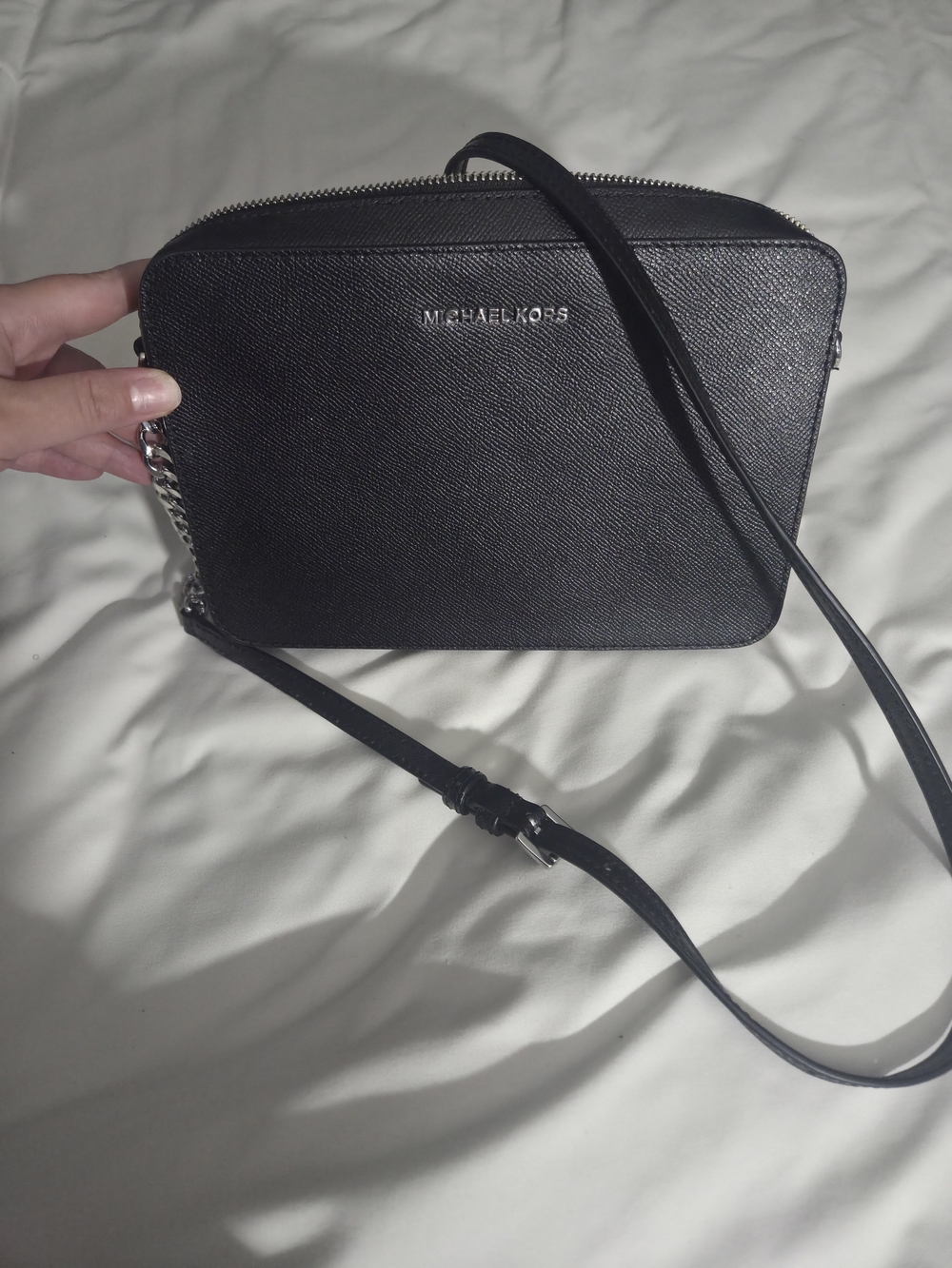 Michael Kors Black Saffiano Crossbody with Silver Chain Detail